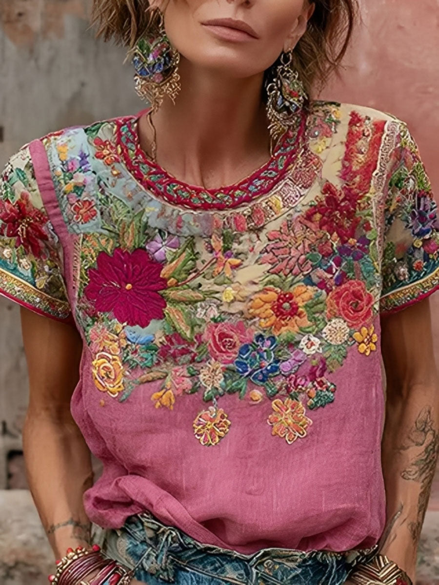 Női rózsaszín virágnyomat alkalmi póló