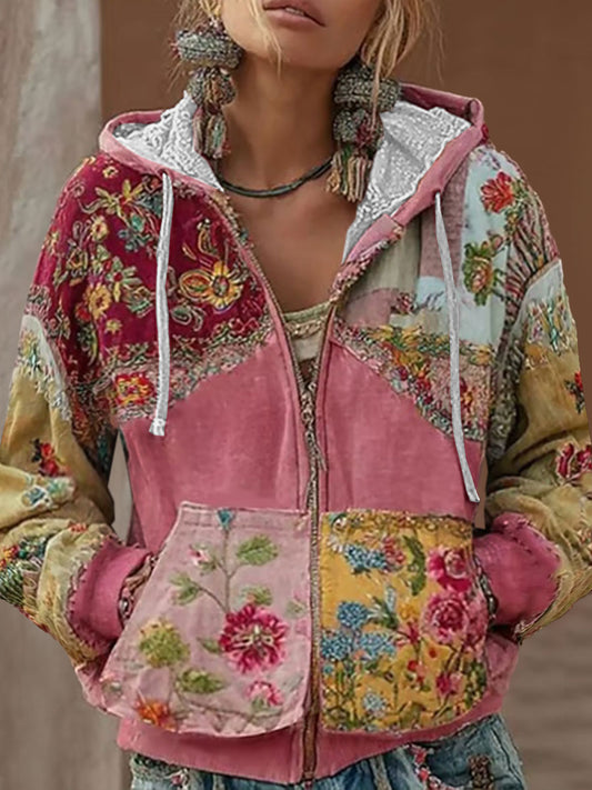 Női rózsaszín virágos nyomtatás alkalmi zip-up top