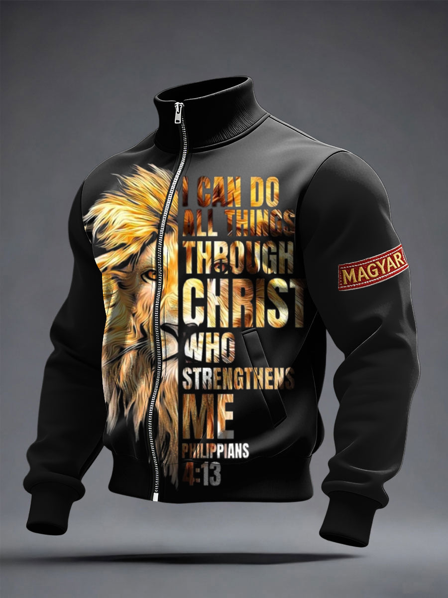 Férfi empowering philippians 4:13 oroszlán grafikus pálya kabát