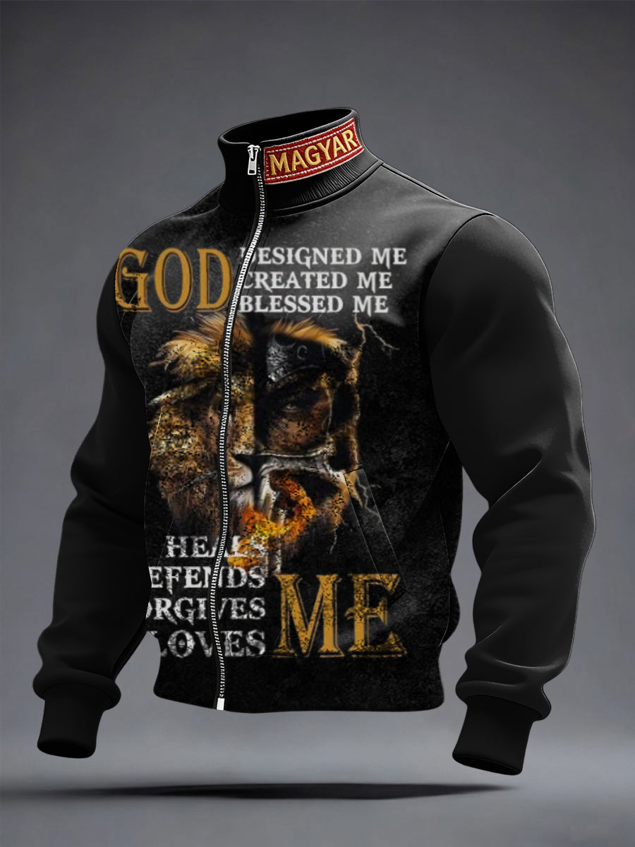 Férfi inspiráló "god designed me" oroszlán grafikus sáv kabát