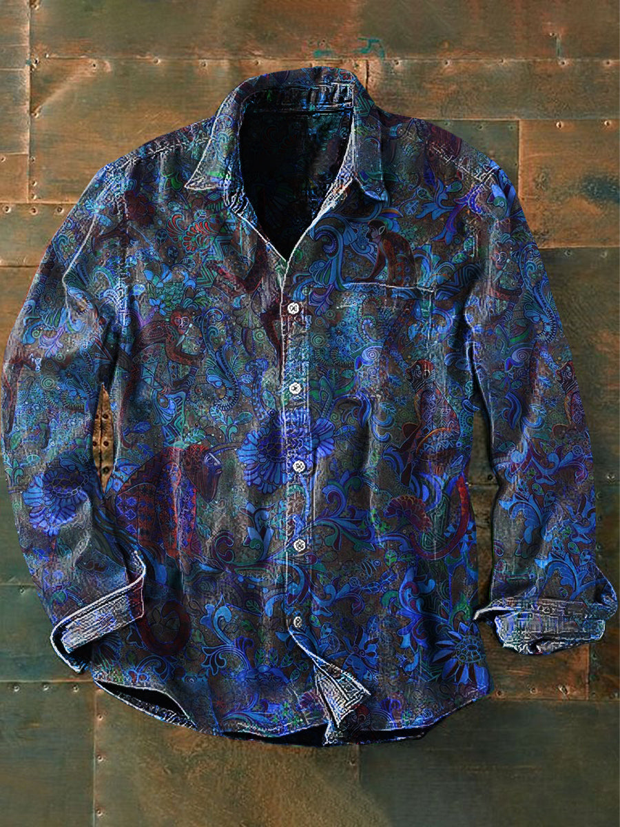 Unisex férfi vintage virágos rózsaszín virág absztrakt nyomtatás alkalmi hosszú ujjú ing