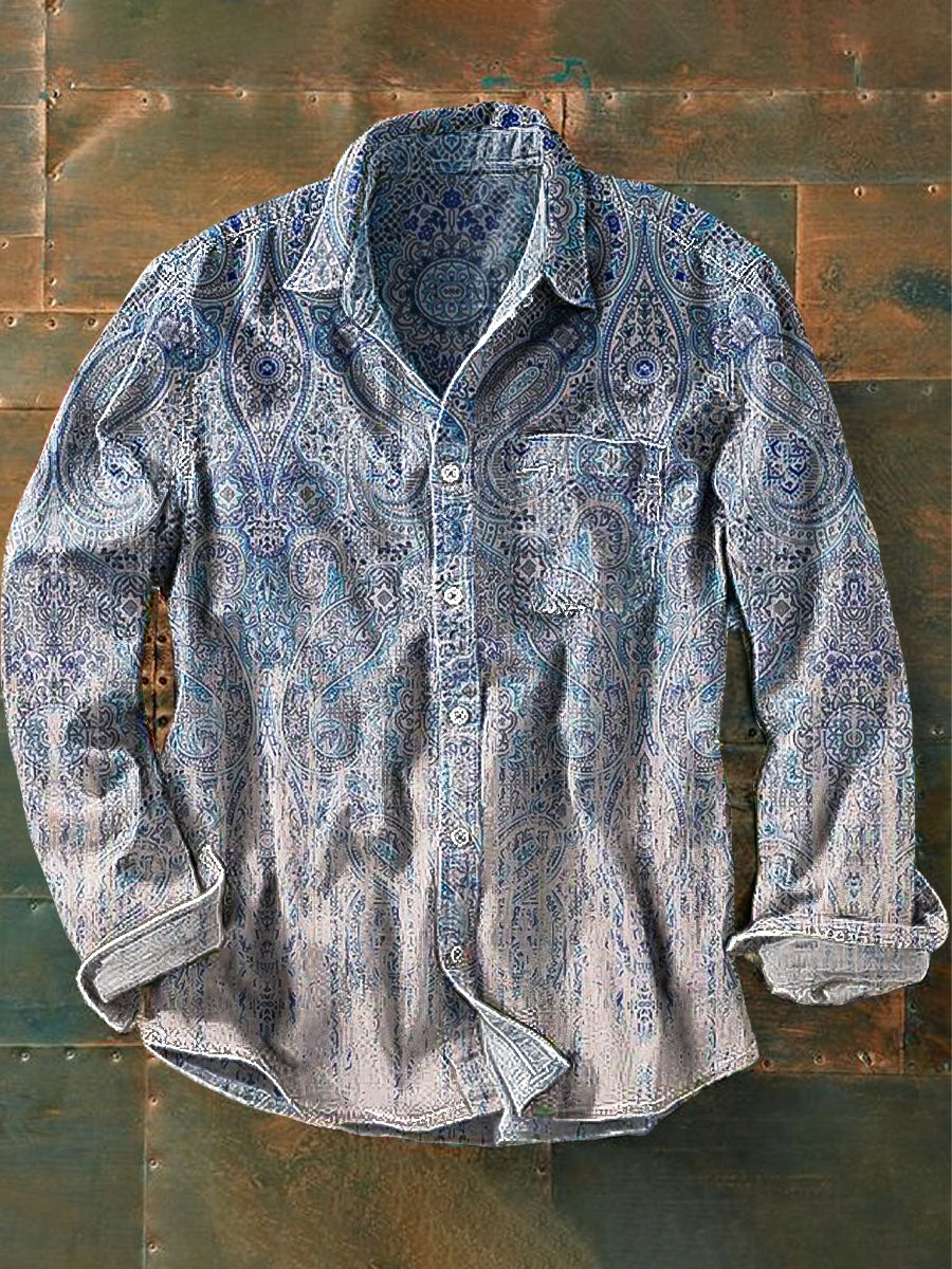 Unisex vintage gradient szín etnikai virágművészet nyomtatás redel hosszú ujjú zseb ing