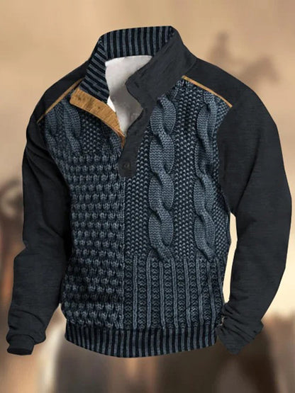 Retro textúra minta nyomtatott nyugati vintage henry gomb v-nyak kültéri vastag pulóver