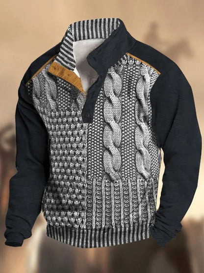 Retro textúra minta nyomtatott nyugati vintage henry gomb v-nyak kültéri vastag pulóver