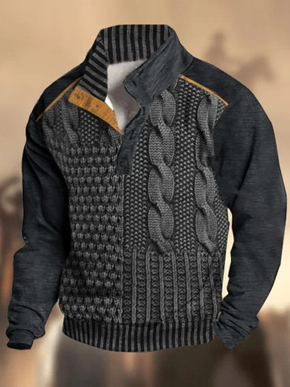 Retro textúra minta nyomtatott nyugati vintage henry gomb v-nyak kültéri vastag pulóver