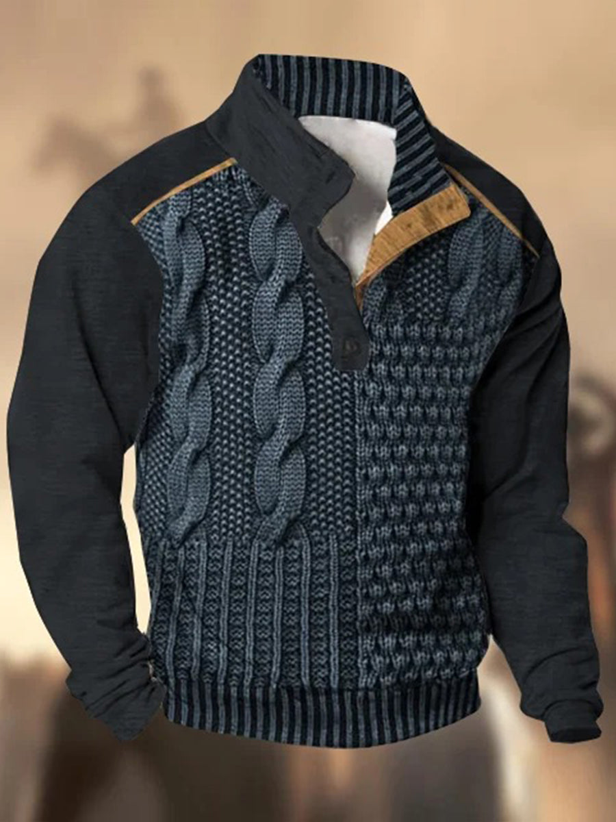 Retro textúra minta nyomtatott nyugati vintage henry gomb v-nyak kültéri vastag pulóver