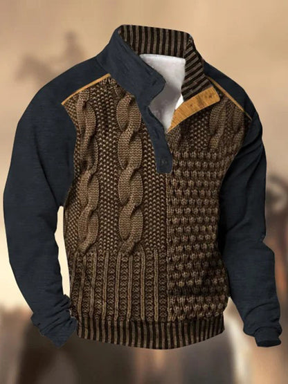 Retro textúra minta nyomtatott nyugati vintage henry gomb v-nyak kültéri vastag pulóver