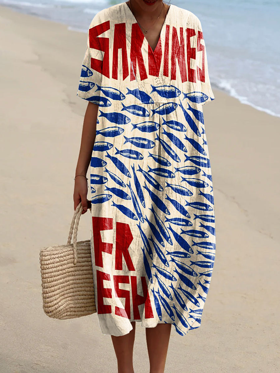 Retro fish print v-nyak elegáns elegáns laza rövid ujjú midi ruha