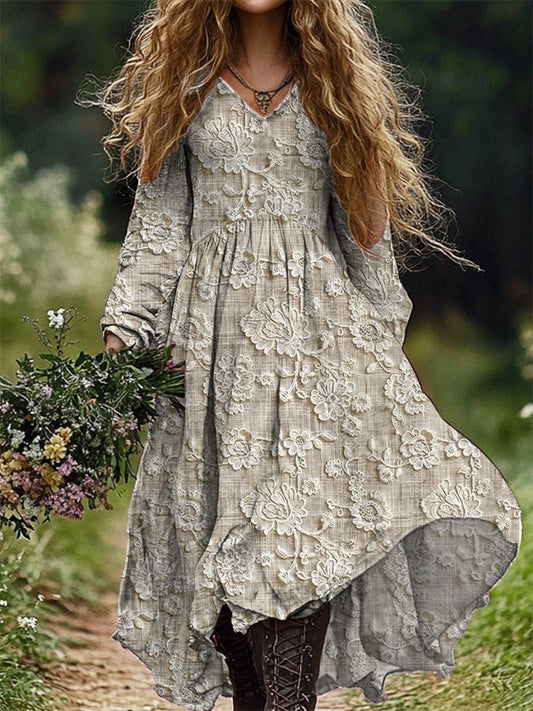 Retro virágos művészeti nyomtatás v-nyak elegáns elegáns laza hosszú ujjú midi ruha