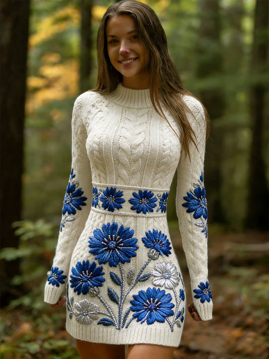 Női vintage etnikai stílus virágos nyomtatás kötött kényelmes és elegáns ruha