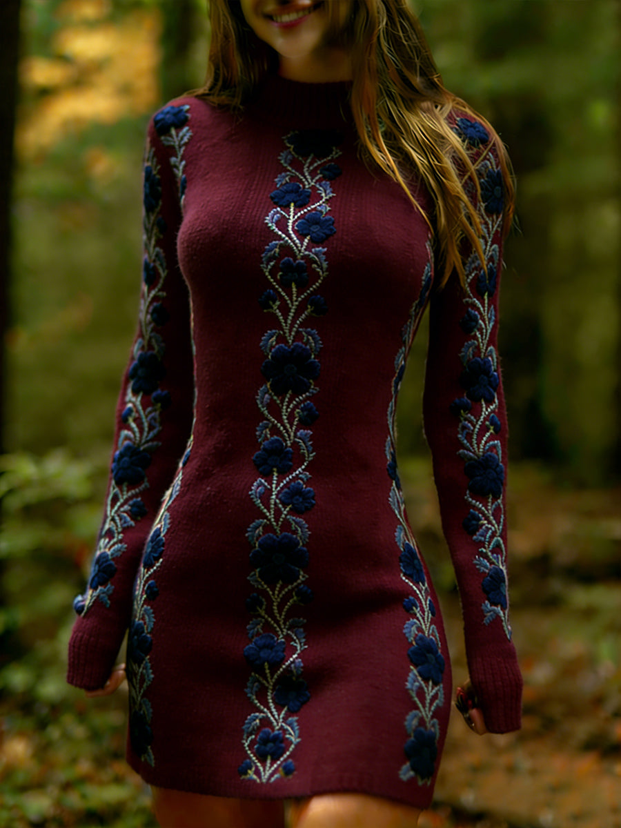Női vintage etnikai stílus virágos nyomtatás kötött kényelmes és elegáns ruha