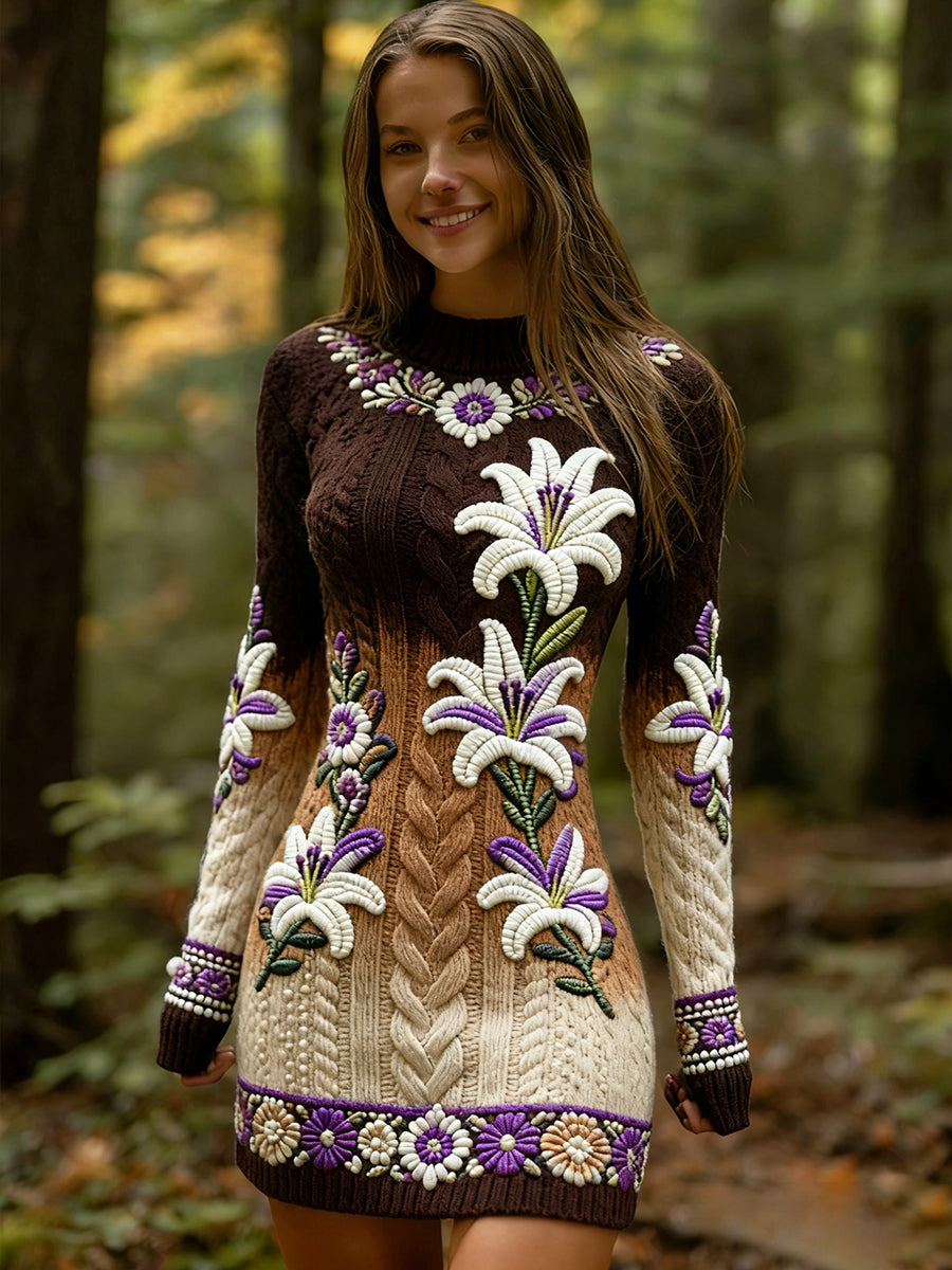 Női vintage etnikai stílus virágos nyomtatás kötött kényelmes és elegáns ruha