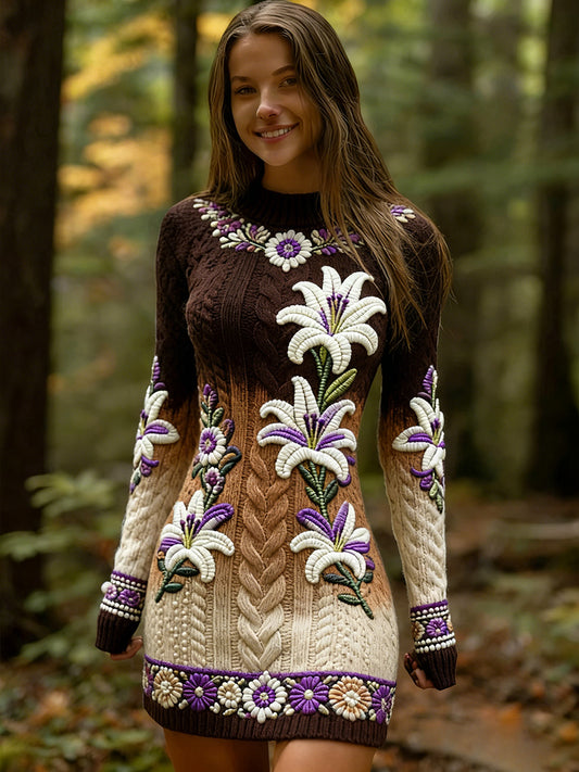 Női vintage etnikai stílus virágos nyomtatás kötött kényelmes és elegáns ruha