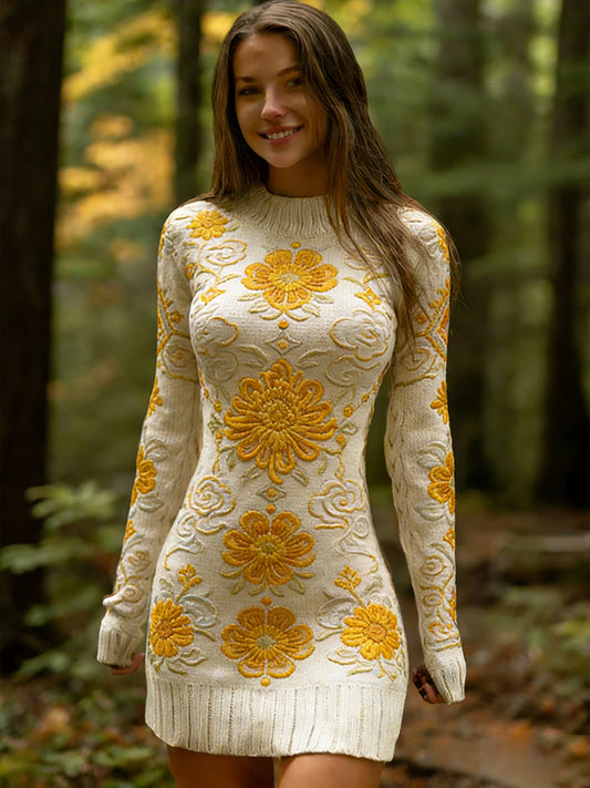 Női vintage etnikai stílus virágos nyomtatás kötött kényelmes és elegáns ruha