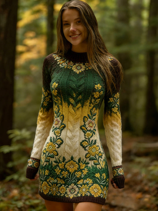 Női vintage etnikai stílus virágos nyomtatás kötött kényelmes és elegáns ruha