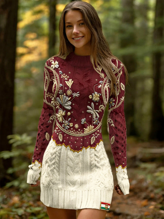 Női magyar virágos patchwork hímzett nyomtatás hosszú ujjú ruha