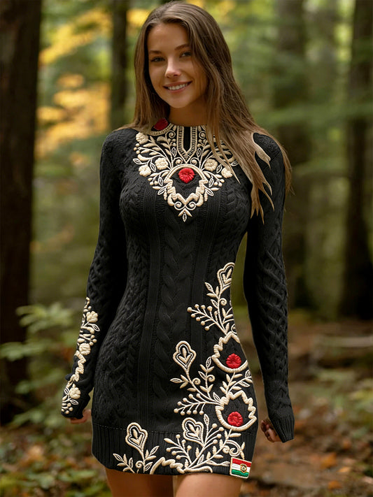 Női fekete magyar virágos hímzett nyomtatás hosszú ujjú ruha