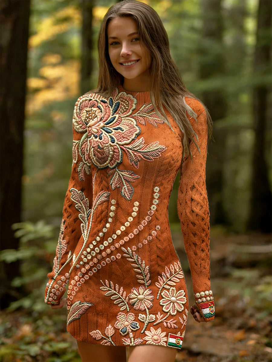 Női magyar virágos hímzés vintage nyomtatás hosszú ujjú ruha