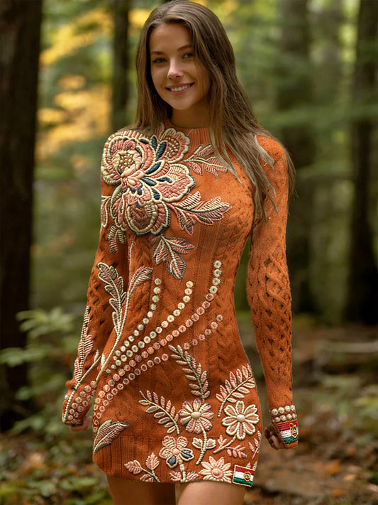 Női magyar virágos hímzés vintage nyomtatás hosszú ujjú ruha