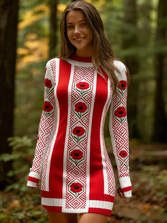 Női vintage etnikai stílus virágos nyomtatás kötött kényelmes és elegáns ruha