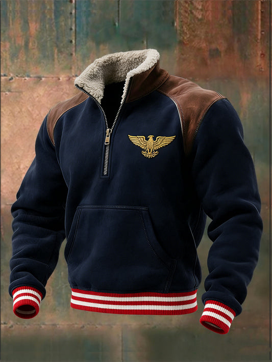 Férfi klasszikus haditengerészet osztrák sas csíkos trim negyed-zip pulóver