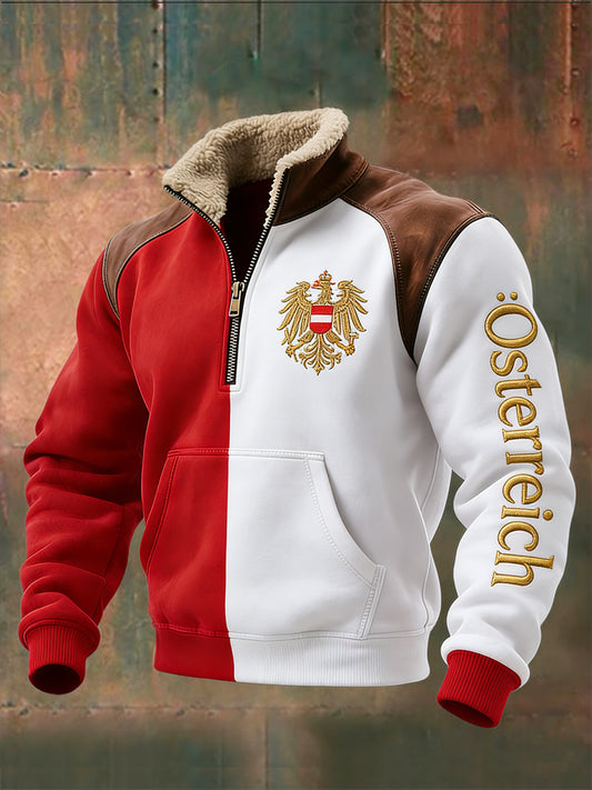 Férfi élénk piros-fehér osztrák sas negyed-zip gyapjú pulóver