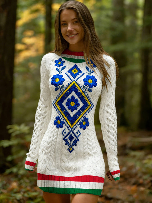 Női vintage etnikai stílus virágos nyomtatás kötött kényelmes és elegáns ruha