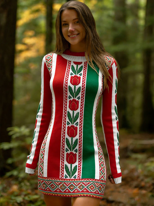 Női vintage etnikai stílus virágos nyomtatás kötött kényelmes és elegáns ruha