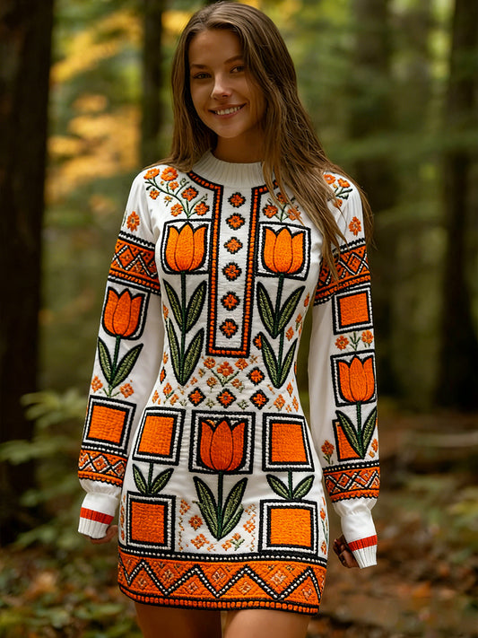 Női vintage etnikai stílus virágos nyomtatás kötött kényelmes és elegáns ruha