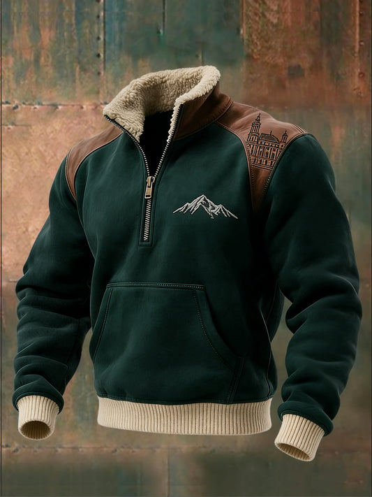 Férfi rusztikus zöld osztrák hegyi és székesegyház negyed-zip pulóver