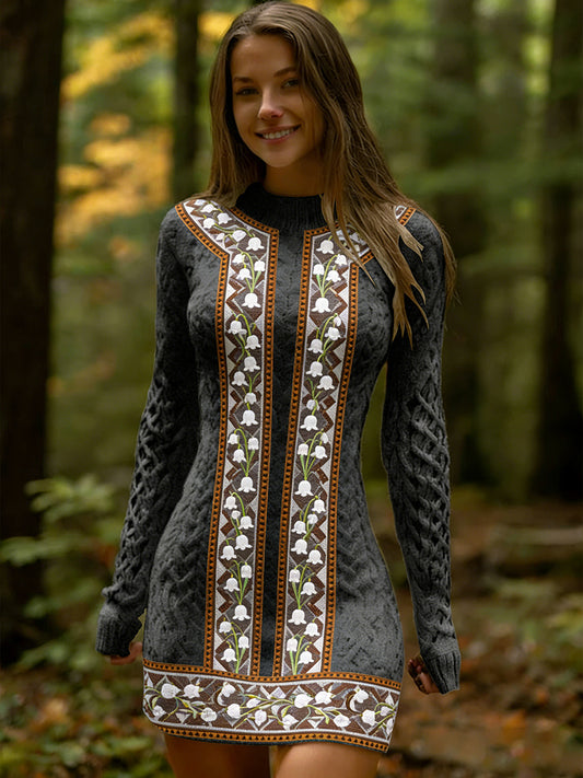 Női vintage etnikai stílus virágos nyomtatás kötött kényelmes és elegáns ruha