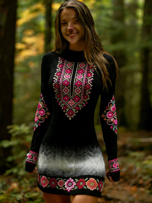 Női vintage etnikai stílus virágos nyomtatás kötött kényelmes és elegáns ruha