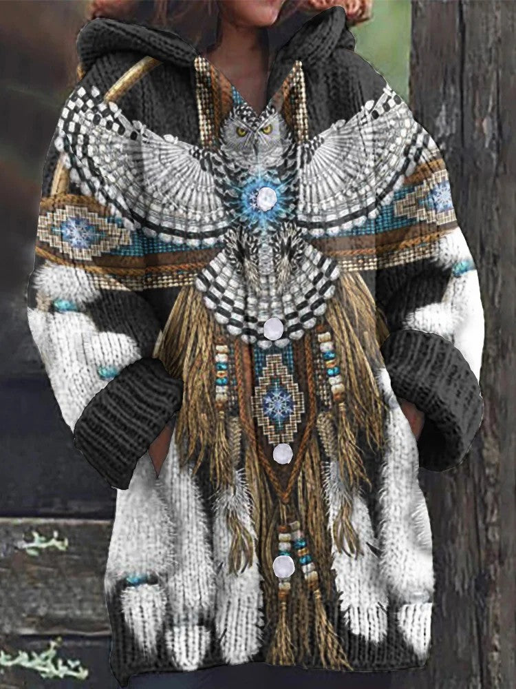 Női nyugati vintage nyomtatás kompozit gyapjú hosszú kabát