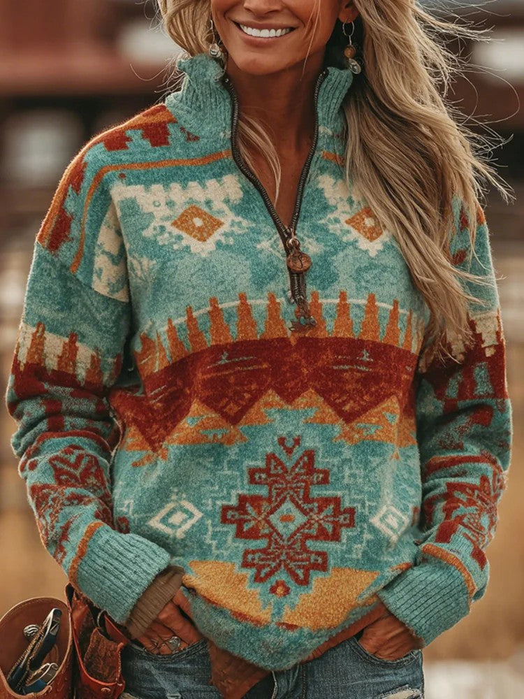 Női vintage amerikai nyugati etnikai azték minta művészet plüss fél cipzáras kötött pulóver