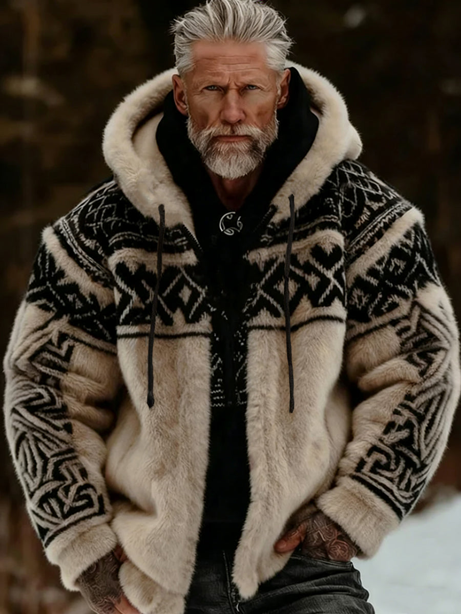 Férfi viking kelta művészet plüss hangulatos meleg cipzáras csuklyás kabát