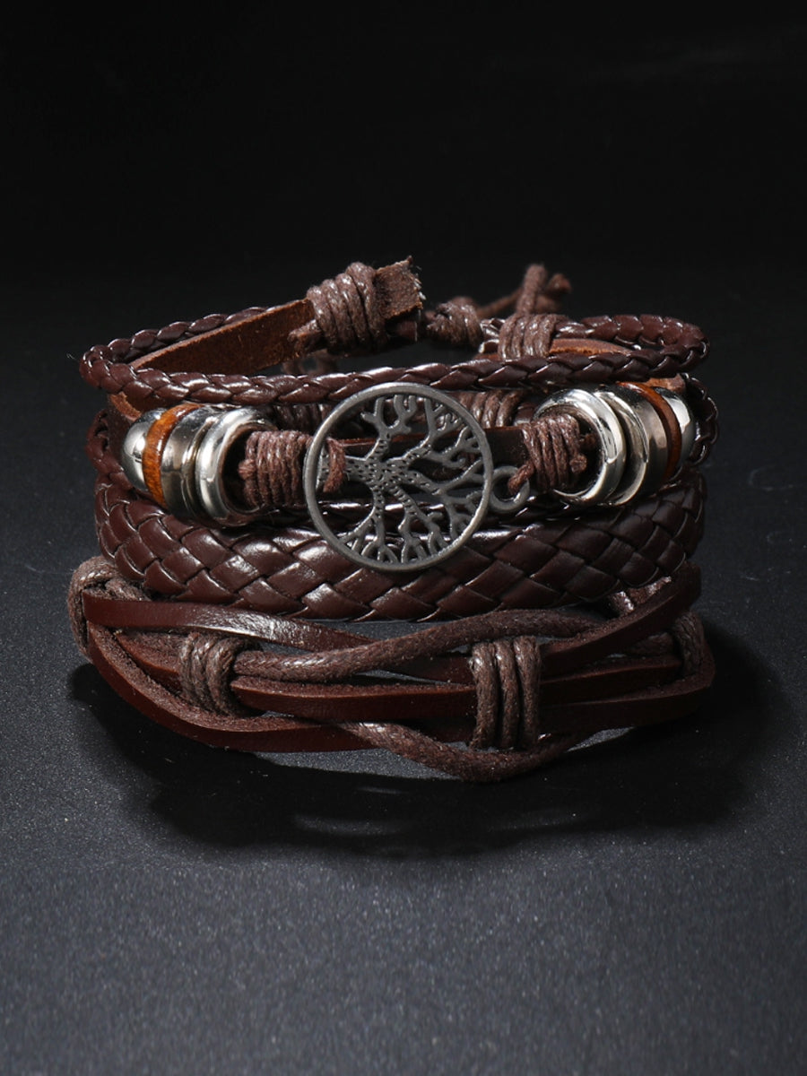 Férfi életfa vintage szőtt személyre szabott bőr karkötő háromrészes készlet