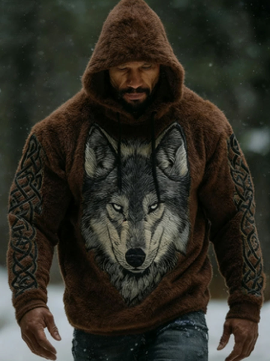 Férfi viking vintage farkas kelta flanella meleg kapucnis