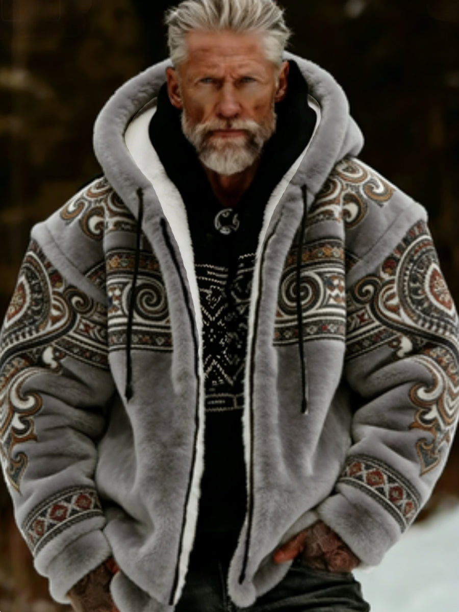 Férfi viking kelta művészet plüss hangulatos meleg cipzáras csuklyás kabát