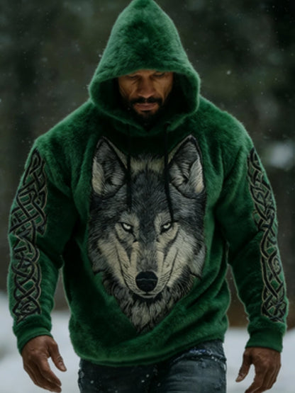 Férfi viking vintage farkas kelta flanella meleg kapucnis