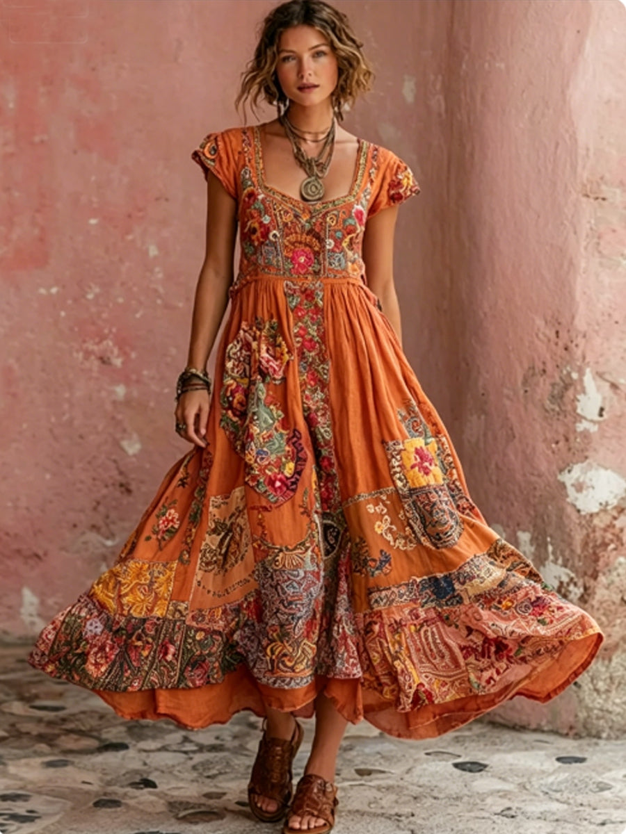 Women's Bohemian Floral Embroidery Art Round Neck Short Sleeve Midi Dress