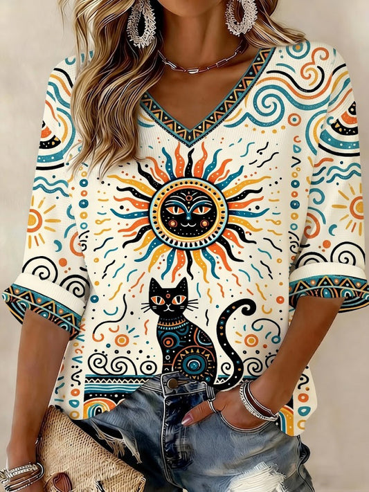 Women's Cat Printed Mid-length Sleeves V-Neck T-Shirt