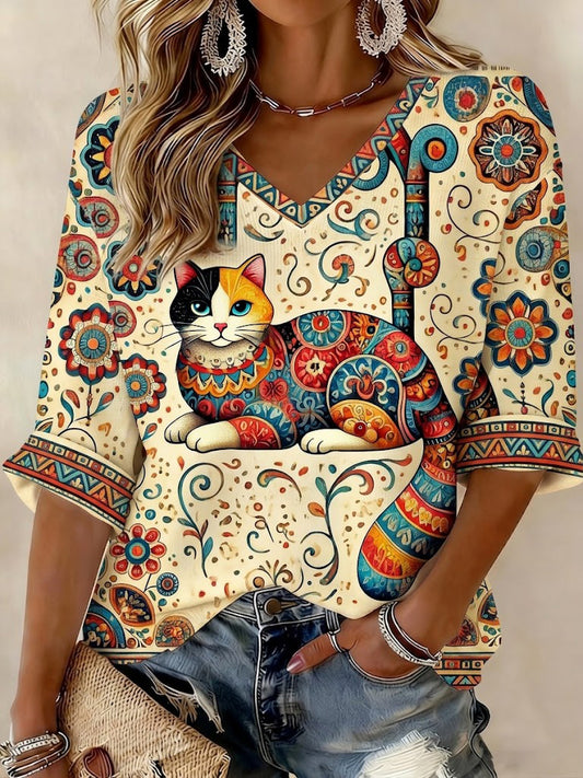Women's Cat Printed Mid-length Sleeves V-Neck T-Shirt