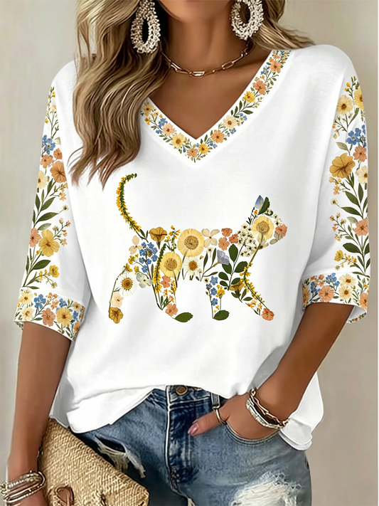 Women's Cute Cat Print Mid-length Sleeves V-Neck T-Shirt