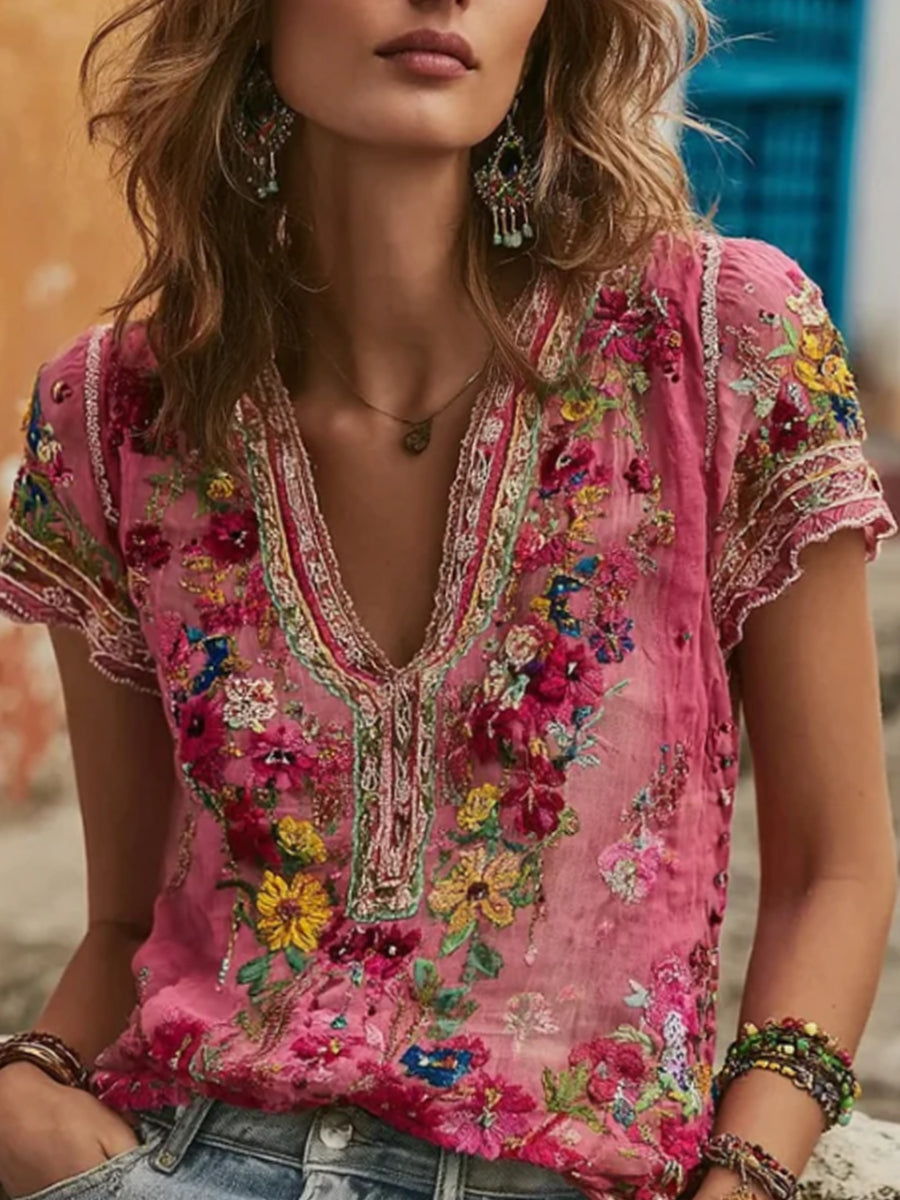 Women's Bohemian Floral Embroidery Patchwork Art V-neck Linen Blend T-shirt