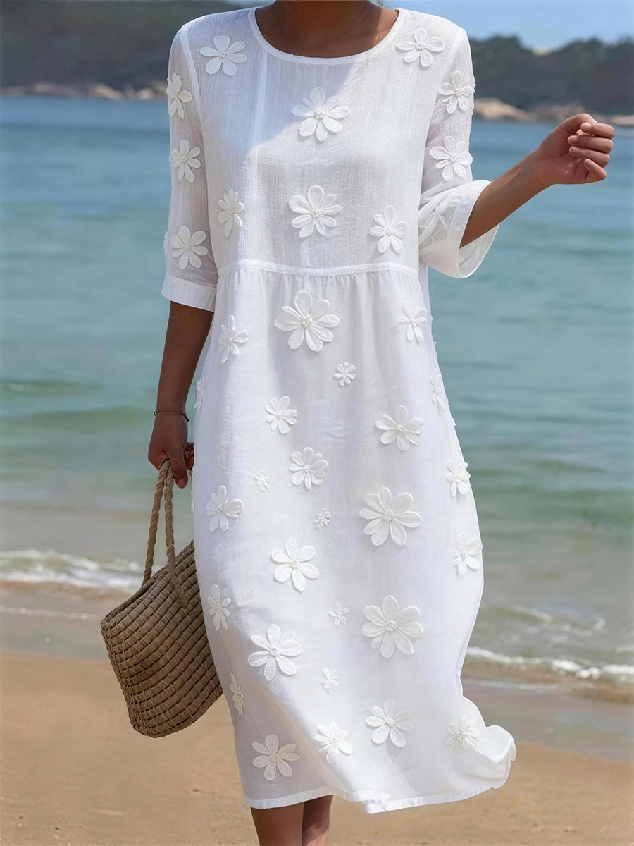 Women's Floral Pattern Linen Blend Dress