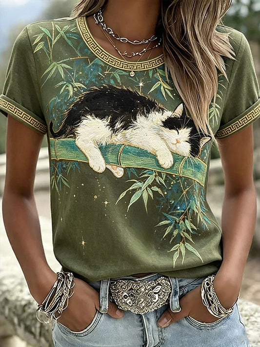 Women's Casual T-Shirt with Cat and Animal Embroidery & Print