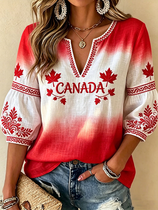 Women's V-neck Mid-Sleeve Canada Day Printed Casual T-shirt