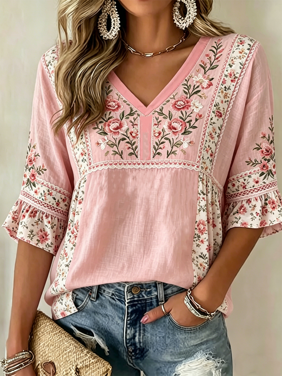 Women's Floral Print Mid-length Sleeves V-Neck T-Shirt