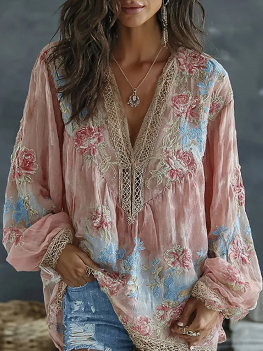 Women's Vintage Floral And Butterfly Embroidered Art Print Flowy Linen Blend Casual Tops