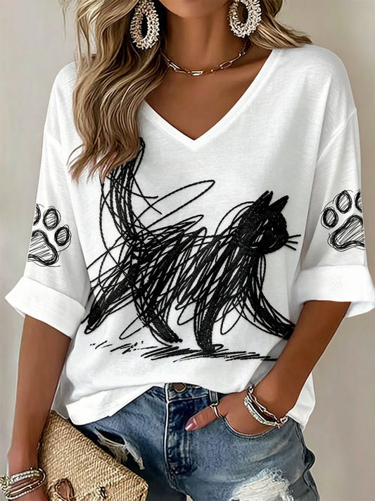 Women's Cat Art Print V-Neck T-Shirts